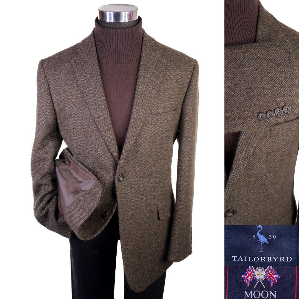 Tailorbyrd Fabric By MOON Herringbone Olive Green Blazer 42R Two Button Jacket